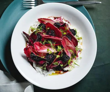 Kelda Haines’s goat’s cheese, beetroot and blackberry salad