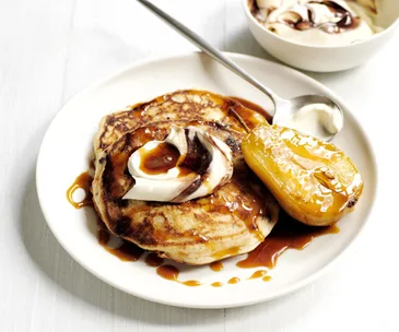 Chocolate, tahini and pear pancakes