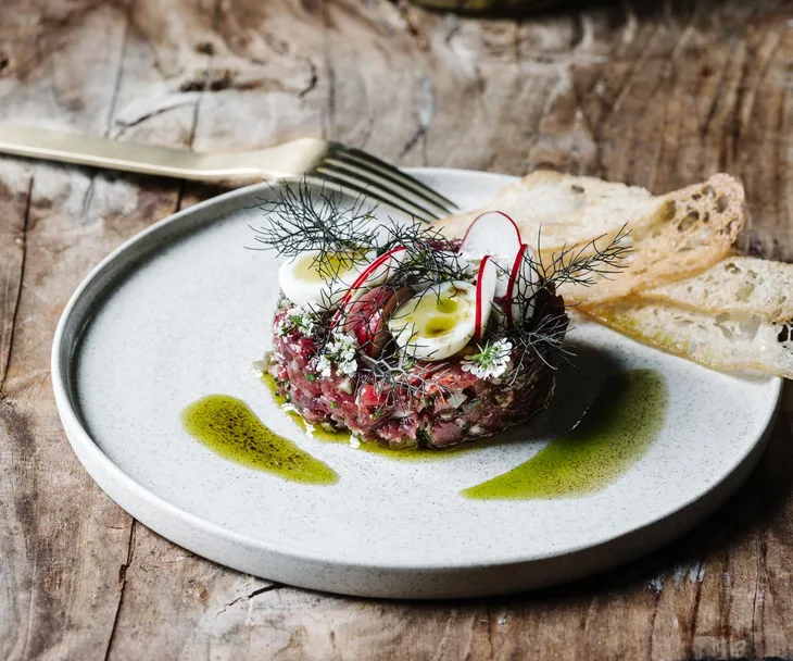 Alla Wolf-Tasker’s tartare of Brooklands British White beef with pickled shallot