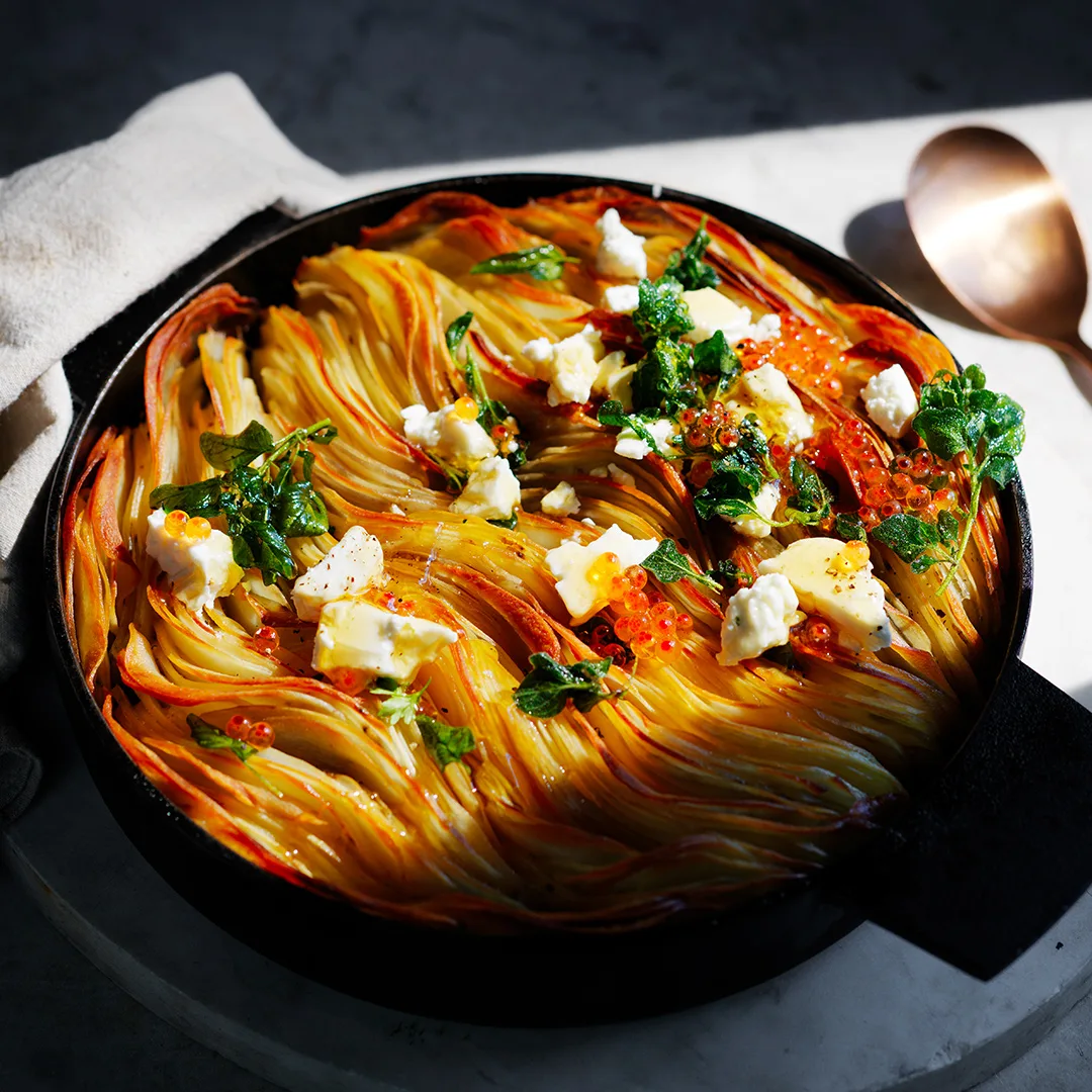 Crisp potato bake with barrel aged feta