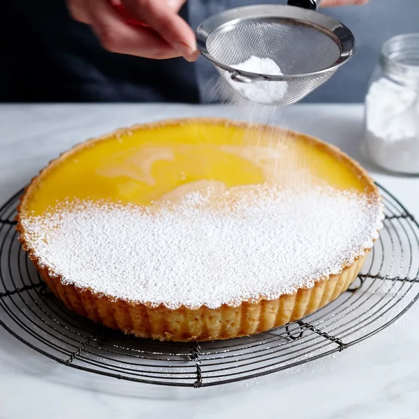 A whole lemon tart on a black wire rack being dusted with icing sugar.