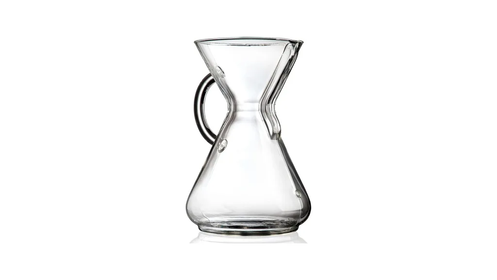 Chemex glass pour over coffee maker with a handle.