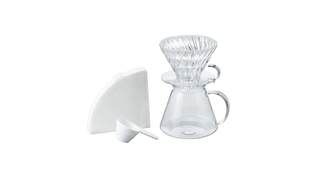The Simply Hario V60 glass pour over coffee set comes with a measuring scoop, paper filters, glass V60 dripper and a 600ml server.