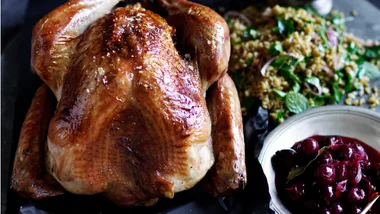 Roast turkey with sour-cherry stuffing and pickled cherries