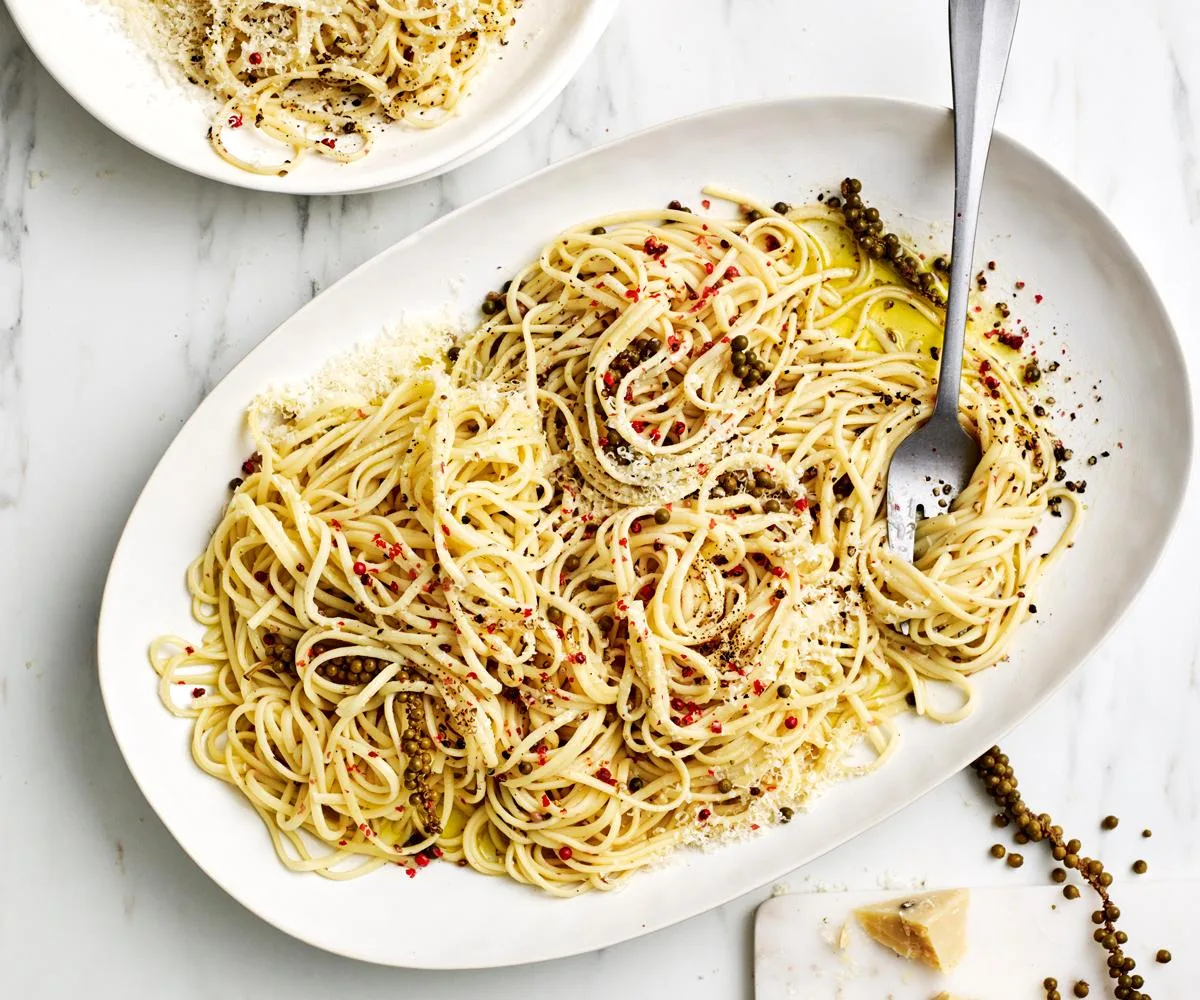 fork in bowl of pasta