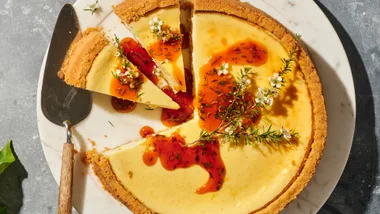 Whole-lemon and labne cheesecake with honey and thyme syrup recipe