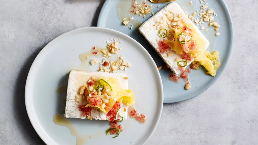 Dairy-free macadamia parfait with pineapple, ginger and finger lime