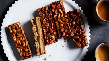 Overhead shot of slice recipe of peanut and miso shortbread slice