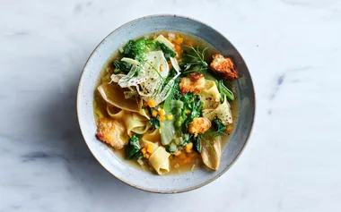 Quick winter dinner idea Torn pasta soup with fennel and parmesan croutons