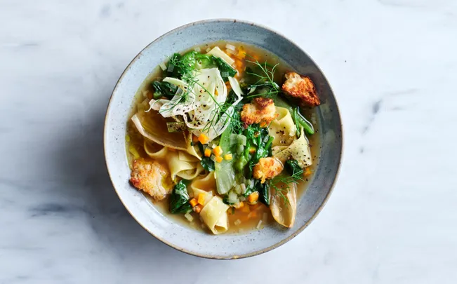 Quick winter dinner idea Torn pasta soup with fennel and parmesan croutons