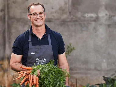 Rodney Dunn in the kitchen garden at his Agrarian Kitchen Restaurant in Tasmania