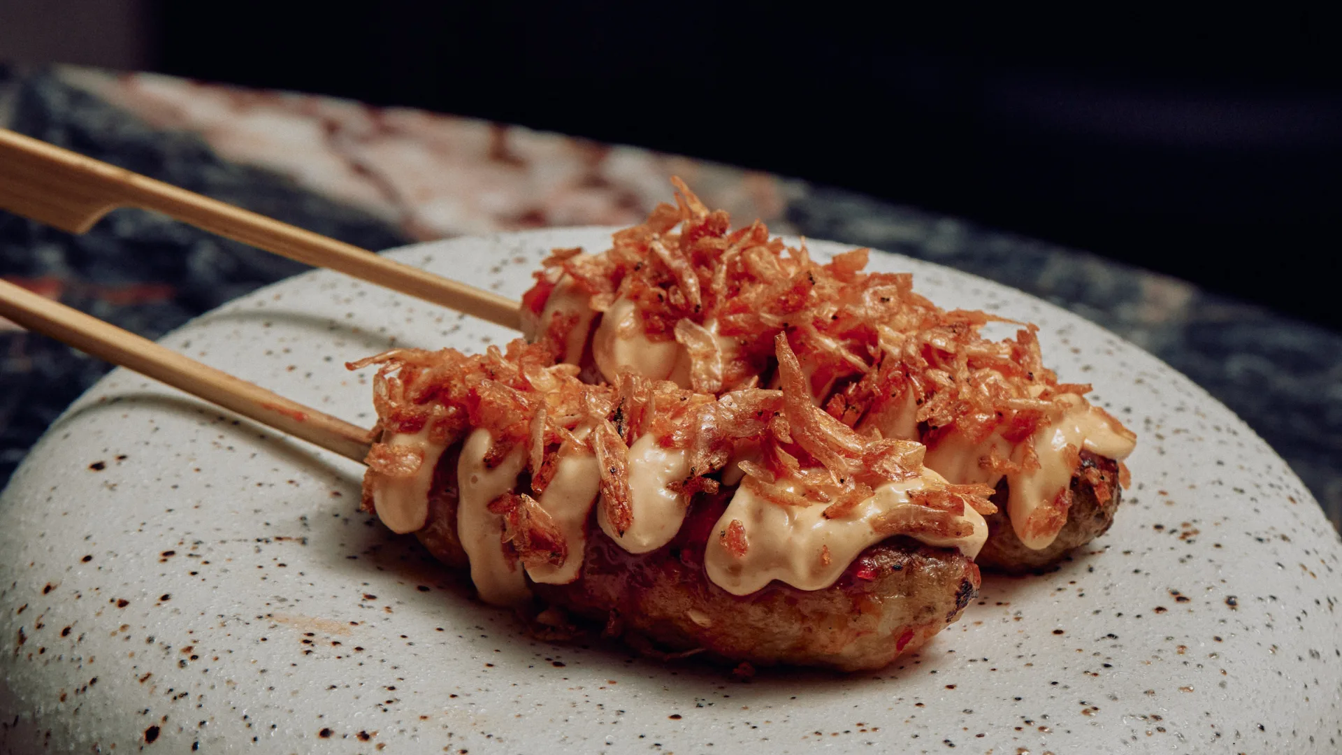 Prawn skewers at Etta restaurant in Melbourne, Victoria.