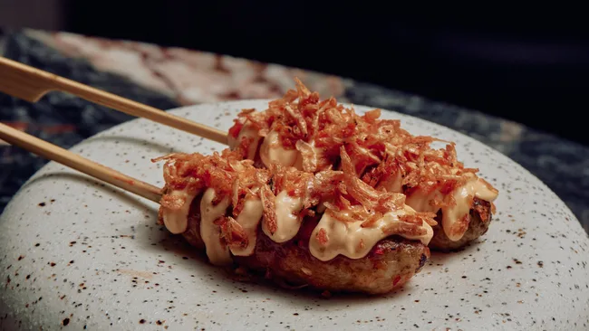 Prawn skewers at Etta restaurant in Melbourne, Victoria.