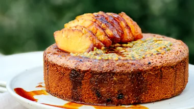 Frida's Field gluten-free passionfruit and almond cake with honey-roasted pineapple