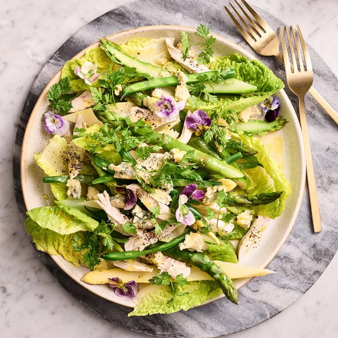 Spring on a plate: Poached chicken asparagus salad with blue cheese