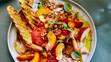 Heirloom tomatoes and peaches with white bean and hazelnut tarator