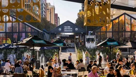 Victoria Square with pop-up eateries and tables during Tasting Australia in Adelaide