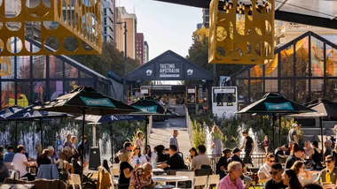 Victoria Square with pop-up eateries and tables during Tasting Australia in Adelaide