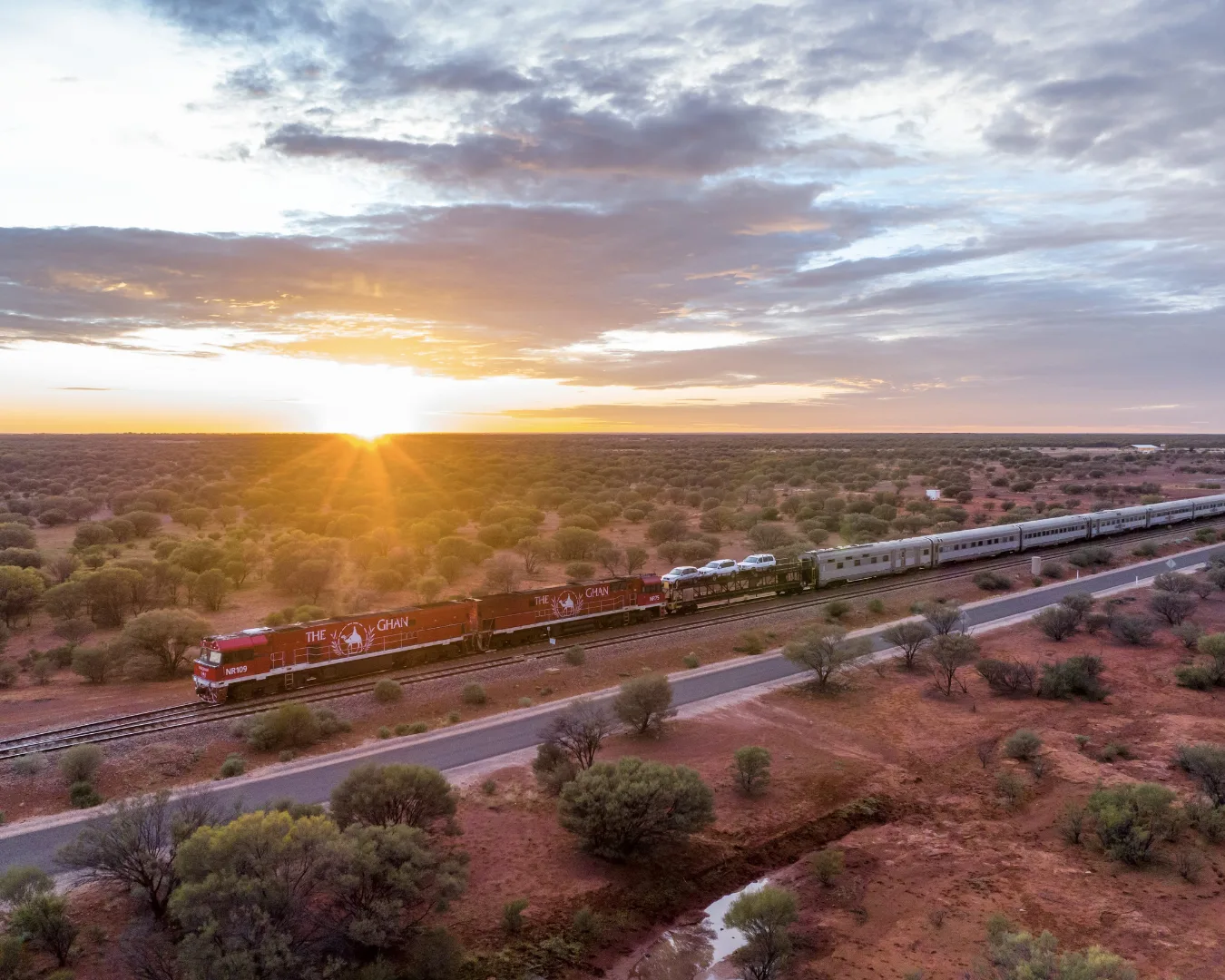 The Ghan train in the rugged Australian outback