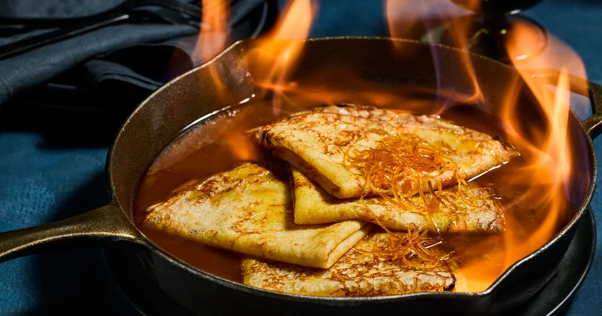 French dessert recipe for Crepes Suzette with flames