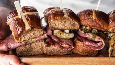 Bodega's savoury hot cross buns with pickles and lunch meat filling: perfect as an Easter lunch recipe