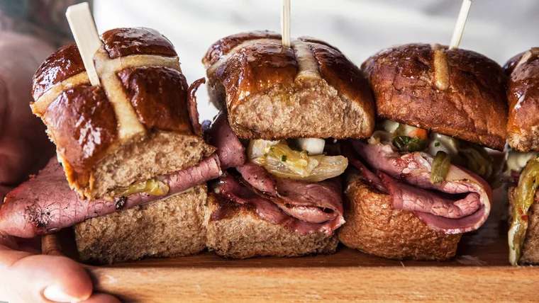 Bodega's savoury hot cross buns with pickles and lunch meat filling: perfect as an Easter lunch recipe