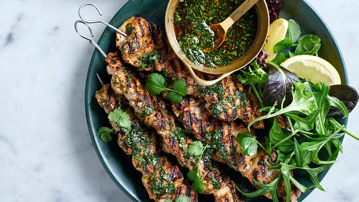 Charred pork skewers with chimichurri
