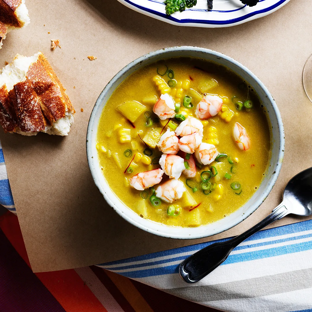 Sweetcorn and prawn chowder with crusty baguette.