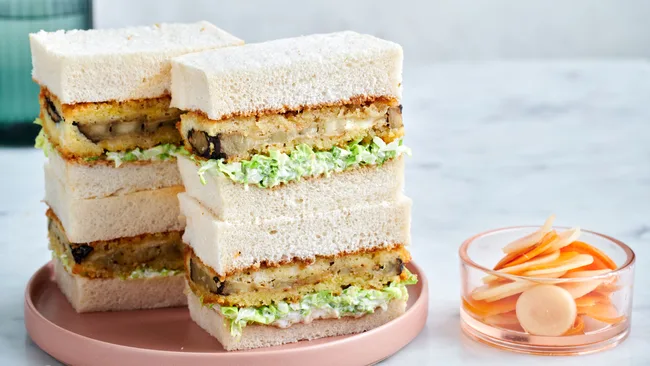 Japanese recipe for spiced eggplant katsu sando in white fluffy bread with no crusts