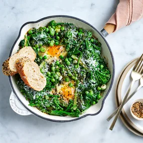 Spring greens, miso and furikake baked eggs