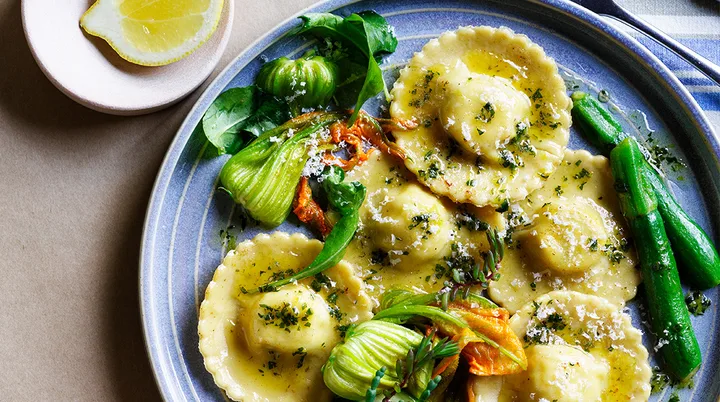 Sean Moran’s spring ravioli with peas, ricotta and zucchini flowers