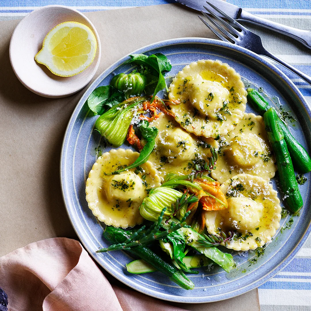 Ravioli with Peas, Ricotta and Zucchini Flowers