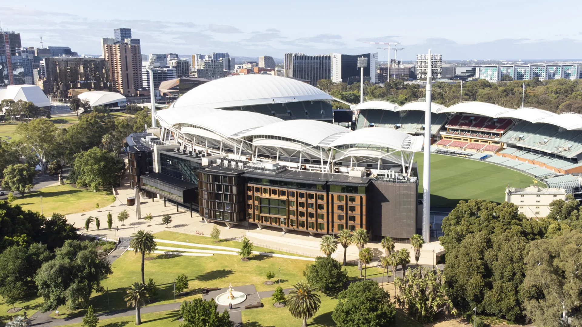 Exterior photo of luxury Adelaide hotel the Oval Hotel located within the structure of Adelaide Oval
