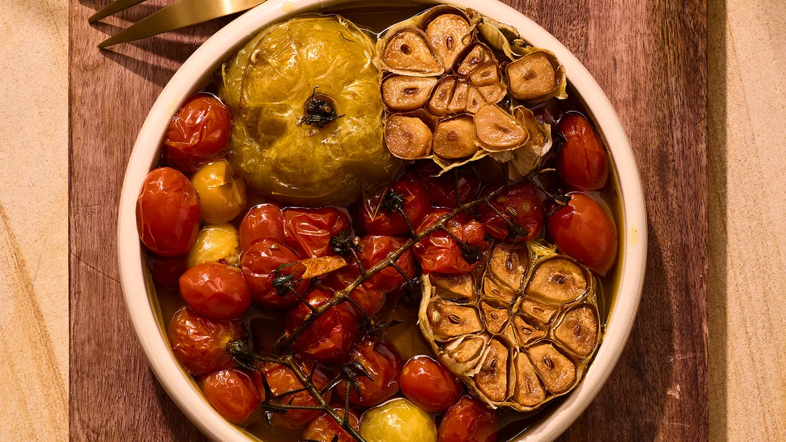 Confit garlic and heirloom tomatoes recipe - Gourmet Traveller