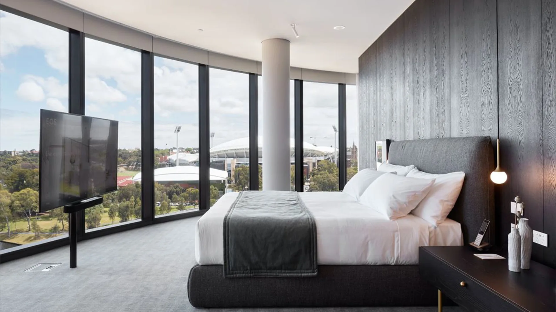 Sleek hotel room with sweeping views at luxury Adelaide hotel Eos by SkyCity