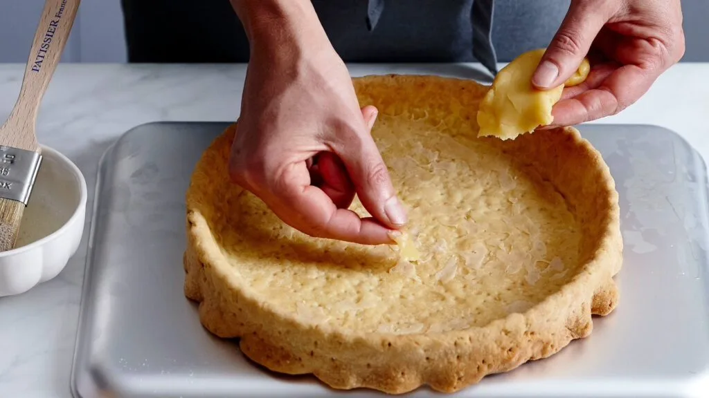 Any cracks in your cooked lemon tart base can be easily patched with leftover pastry.