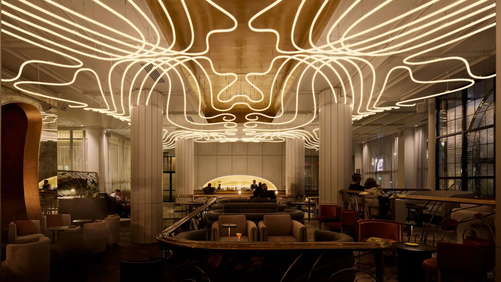 Luxury Adelaide hotel restaurant Luma with dramatic ceiling installation at The Playford Adelaide hotel