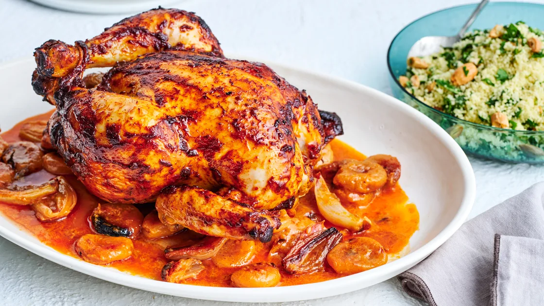 Roast Apricot Chicken with Harissa and Herbed Couscous
