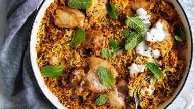 Harissa chicken with carrot, rice and quinoa pilaf