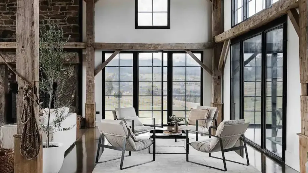 The interior of Coombs Hill Barn, a 160 year-old converted barn in Victoria's High Country.