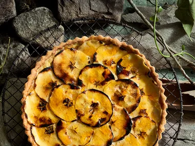 Charred apple and custard pie on wire cooling platter.