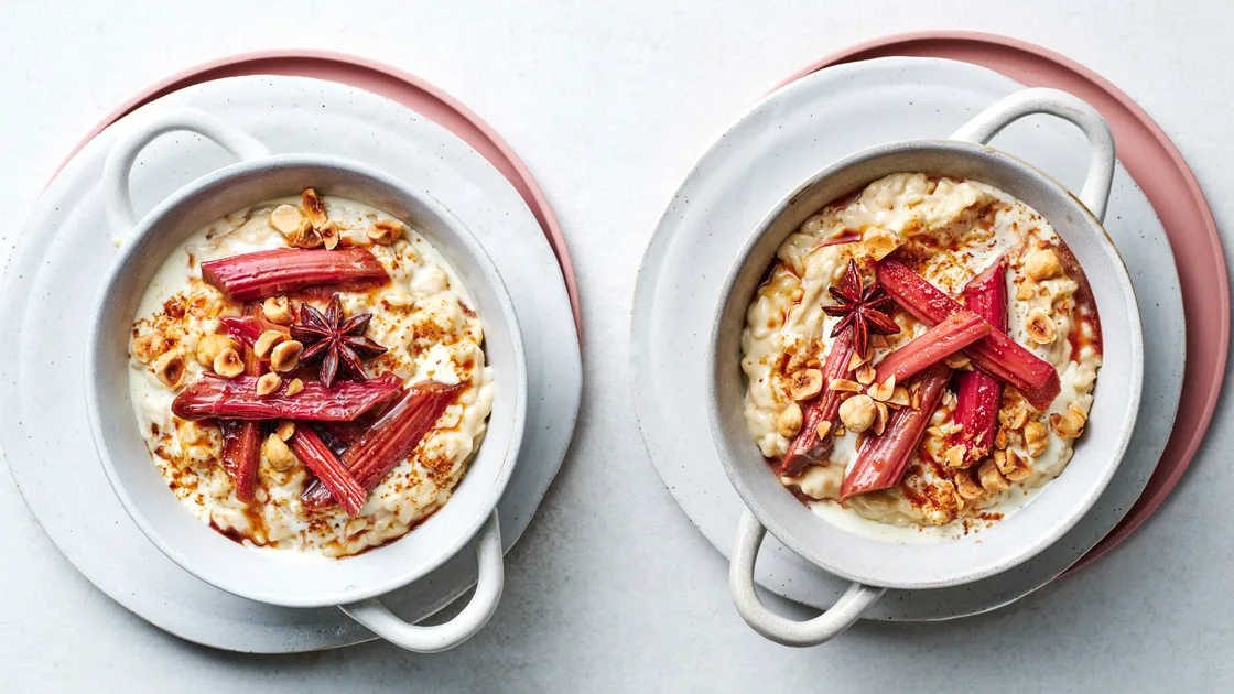 Coconut rice pudding with star anise and rhubarb recipe - Gourmet Traveller