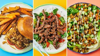 Aussie Barbecue Chicken Burgers, Teriyaki Beef and Stir-Fried Veggies, Calorie-Conscious Aloo Chaat-Style Salad from Dinnerly