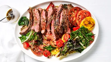 Hanger steak with rainbox chard