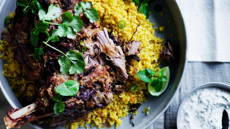 Twelve-hour Indian-spiced slow-cooked lamb shoulder with saffron pilaf
