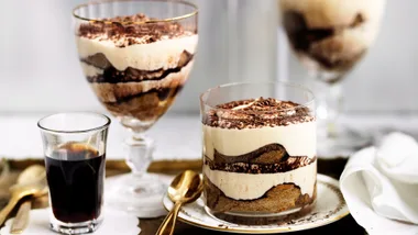 Single serve triamisu in glasses with a shot of espresso