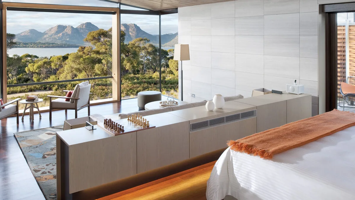 Siganture suite with scenic views at remote luxury retreat Australia stay Saffire Freycinet