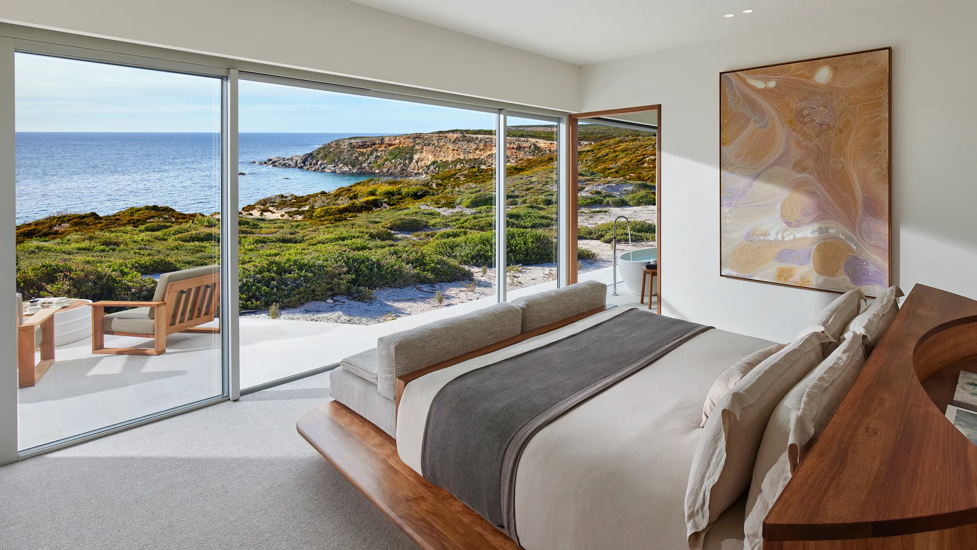 Pavilion bedroom at remote luxury retreat Southern Ocean Lodge on Kangaroo Island, South Australia