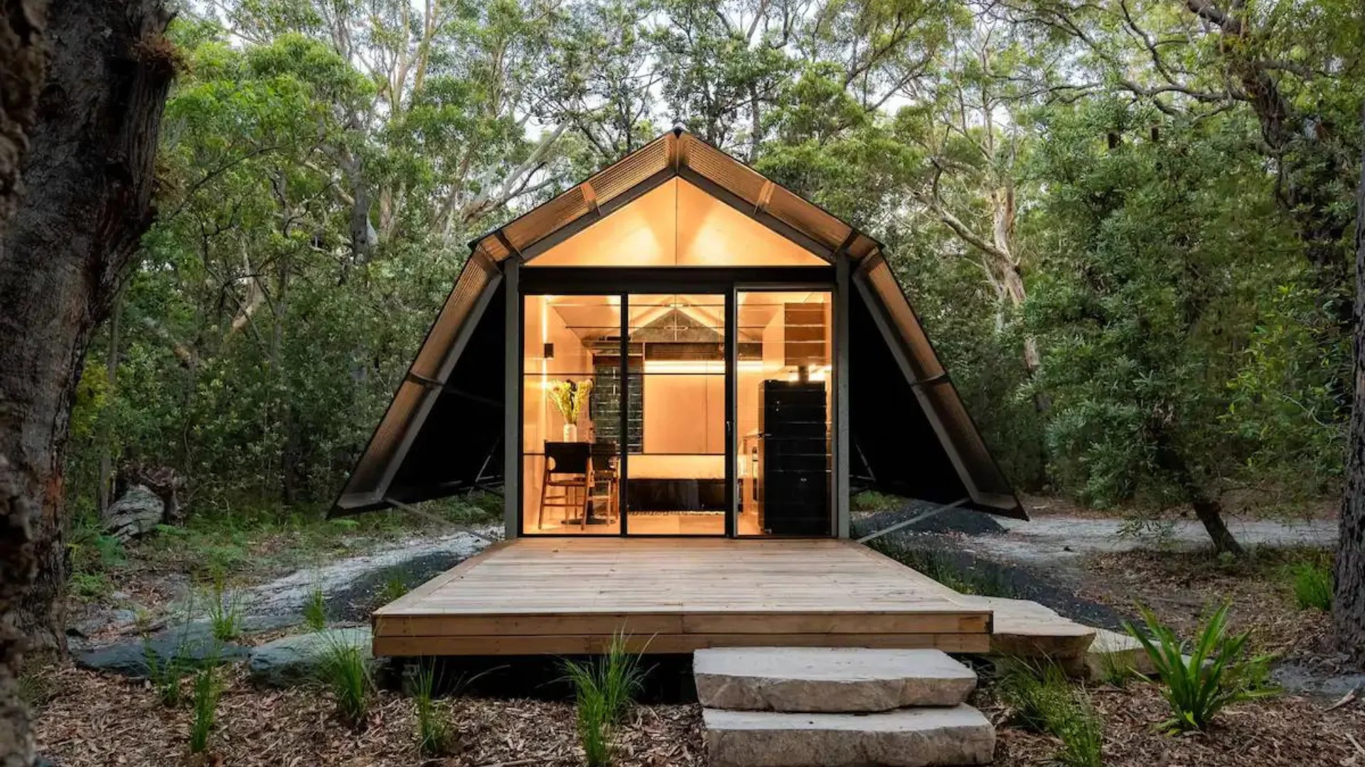 The exteriors of The Hideaway in Myola near Jervis Bay, surrounded by native trees.