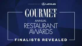 blue bakcground with white text saying 'Gourmet traveller Annual Restaurant Awards Finalists Revealed'